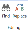 The Editing Ribbon contains various icons that are flat design and represent the Find and Replace buttons. 